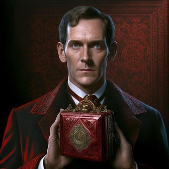 AI art for Sherlock Holmes and the Servants of Hell - man in a red velvet coat holding a puzzle box
