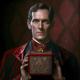 AI art for Sherlock Holmes and the Servants of Hell - man in a red velvet coat with an ornate puzzle box