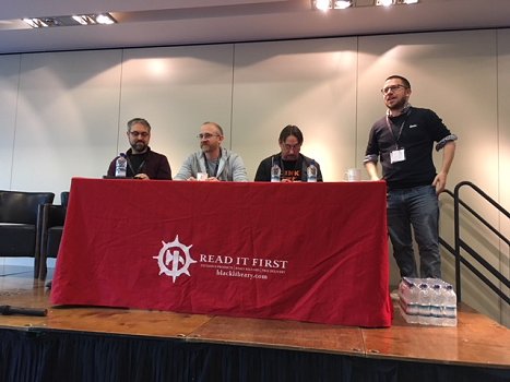 Panel at Black Library Weekender. From right: Nick Kyme, Gav Thorpe, Guy Haley