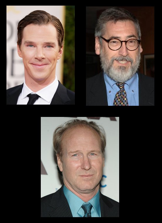Top row, L to R: Benedict Cumberbatch, John Landis. Bottom row: William Hurt