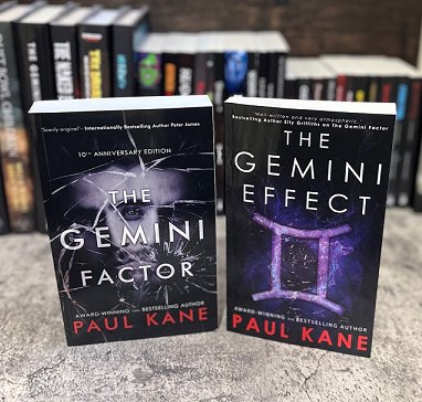 Display of two paperback books standing up. The Gemini Factor and The Gemini Effect by Paul Kane