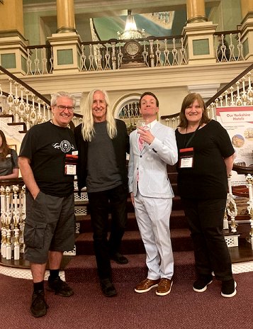 Paul Kane, Mick Garris, Grady Hendrix and Marie O'Regan on the grand staircase, Royal Hotel, Scarborough - ChillerCon UK