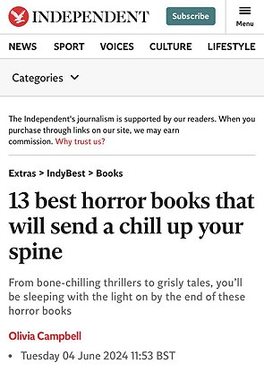 screenshot of Independent article - 13 best horror books that will send a chill up your spine