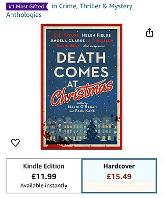 screenshot from amazon.co.uk, showing Death Comes at Christmas, edited by Marie O'Regan and Paul Kane, as No 1 Most Gifted in Crime, Thriller and Mystery anthologies