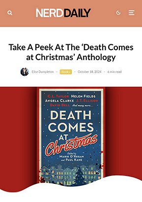 screenshot from NerdDaily showing a copy of Death Comes at Christmas, edited by Marie O'Regan and Paul Kane, on a red background. Text reads: Take A Peek At The 'Death Comes at Christmas' Anthology