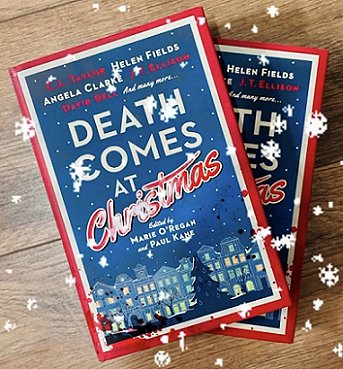 photograph showing two copies of Death Comes at Christmas, edited by Marie O'Regan and Paul Kane, on a wooden surface. Snowflakes are falling