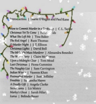 image showing the table of contents for Death Comes at Christmas, edited by Marie O'Regan and Paul Kane. Multicoloured lights are strung across the top and snowflakes are falling