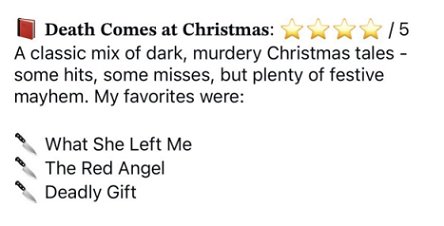 banner image showing a five-star review for Death Comes at Christmas, edited by Marie O'Regan and Paul Kane. Text reads: A classic mix of dark, murdery Christmas tales - some hits, some misses, but plenty of festive mayhem. My favorites were: What She Left Me, The Red Angel, Deadly Gift