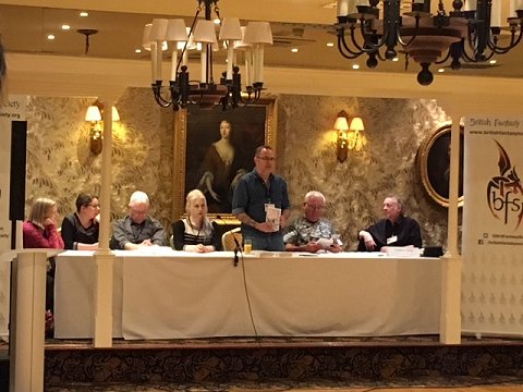 Mark Morris' New Fears launch. L to R: Nina Allan, Alison Littlewood, Stephen Gallagher, A.K. Benedict, Mark Morris, Ramsey Campbell, Stephen Laws