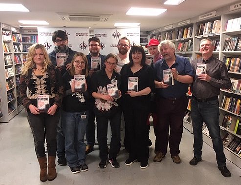Forbidden Planet signing for Phantoms. Back Row L to R: Joe Hill, George Mann, Mark A. Latham, A.K. Benedict. Front row L to R: Catriona Ward, Laura Purcell, Alison Littlewood, Marie O'Regan (editor), Robert Shearman, M.R. Carey