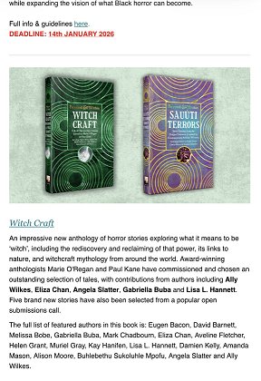 screenshot showing the Flame Tree newsletter entry for January, featuring Beyond & Within Witchcraft, edited by Marie O'Regan and Paul Kane. Text reads: An impressive new anthology of horror stories exploring what it means to be 'witch', including the rediscovery and reclaiming of that power; its links to nature, and witchcraft mythology from around the world. Award-winning anthologists Marie O'Regan and Paul Kane have commissioned and chosen an outstanding selection of tales, with contributions from authors including Ally Wilkes, Eliza Chan, Angela Slatter, Gabriella Buba and Lisa L. Hannett. Five brand new stories have also been selected from a popular open submissions call. The full list of featured authors in this book is: Eugen Bacon, David Barnett, Melissa Bobe, Gabriella Buba, Mark Chadbourn, Eliza Chan, Aveline Fletcher, Helen Grant, Muriel Gray, Kay Hanifen, Lisa L. Hannett, Damien Kelly, Amanda Mason, ALison Moore, Buhlebethu Sukoluhle Mpofu, Angela Slatter and Ally Wilkes.