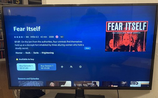 TV screen showing Amazon Prime menu for Fear Itself