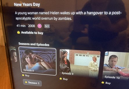 TV screen showing Amazon Prime menu for Fear Itself episode New Year's Day