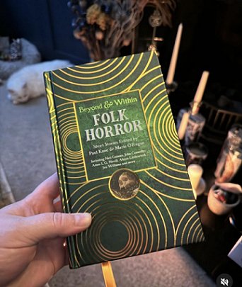 photograph of a hand holding a copy of Beyond & Within Folk Horror, edited by Paul Kane and Marie O'Regan. n the background is a white cat, candles, a fireplace, a grey carpet