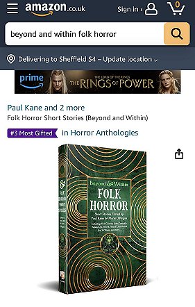 screenshot from amazon.co.uk, showing Beyond and Within Folk Horror, edited by Paul Kane and Marie O'Regan, Amazon's No. 3 most gifted horror anthology