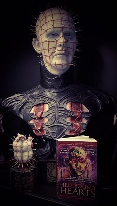 Pinhead holding Hellbound Hearts, edited by Paul Kane and Marie O'Regan