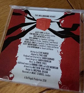 image showing the credits insert for the full-cast audio version of Clive Barker's The Hellbound Heart, scripted by Paul Kane. Featuring: Alice Lowe as Kirsty, Tom Meeten as Frank and Rory Cotton, Neve McIntosh as Julia, among others