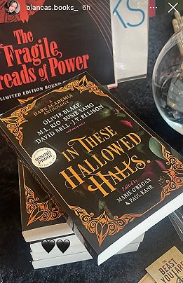 Picture of copies of In These Hallowed Halls, standing on a black surface