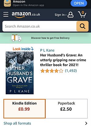 Screenshot: Amazon page - Her Husband's Grave by P L Kane. Kindle 99p for June