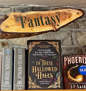 photograph showing a copy of In These Hallowed Halls, edited by Marie O'Regan and Paul Kane, standing on a store bookshelf. Above the books is a wooden sign reading Fantasy