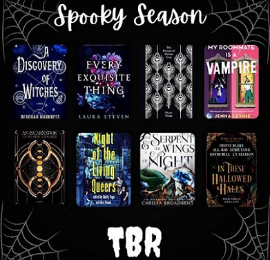 Book display titled Spooky Season on a black background with cobwebs in the corners. Features In These Hallowed Halls, edited by Marie O'Regan and Paul Kane