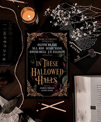 Display showing a copy of In These Hallowed Halls, edited by Marie O'Regan and Paul Kane, lying on a black surface which also shows part of an open hardback book, two crossed burnt matches, black feathers, a lit jar candle, an ornate black key and some gypsophila above what looks like gossamer wings