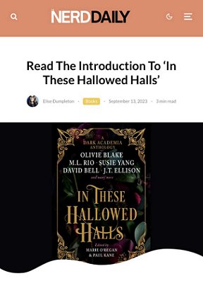 screenshot from Nerd Daily. Shows the cover of In These Hallowed Halls, edited by Marie O'Regan and Paul Kane. Text reads Read the Introduction to 'In These Hallowed Halls'