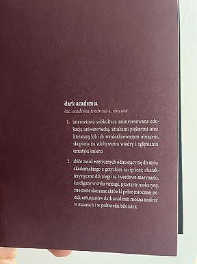 photograph of an inner page showing the definition of Dark Academia in Polish