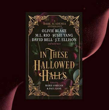 Image of a copy of In These Hallowed Halls, edited by Marie O'Regan and Paul Kane, against a black background with a burgundy swirl across it