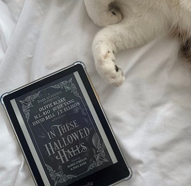 A Kindle lying on a white sheet, showing the cover of In These Hallowed Halls, edited by Marie O'Regan and Paul Kane, with a white cat lying beside it