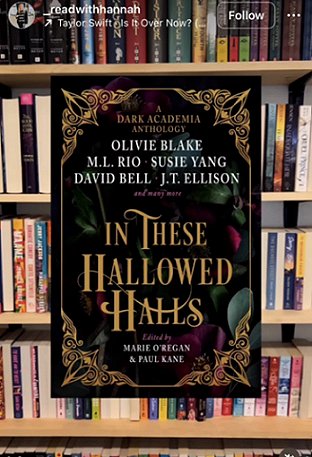 screenshot of full bookshelves, in front of which is a copy of In These Hallowed Halls, edited by Marie O'Regan and Paul Kane