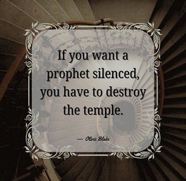 image showing a quote from Olivie Blake's story in In These Hallowed Halls, edited by Marie O'Regan and Paul Kane, superimposed over a spiral staircase. Quote reads 'If you want a prophet silenced, you have to destroy the temple'