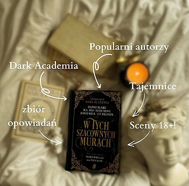 photograph of a copy of the Polish edition of In THese Hallowed Halls, edited by Marie O'Regan and Paul Kane, lying on a white cloth, beside a marble bust, two books, and an orange jar candle