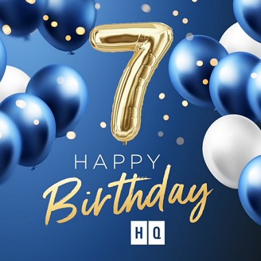Image of blue and white balloons and gold sparkles on a blue background. Text says Happy 7 HQ