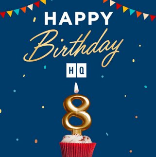 banner image showing a cupcake with a number 8 candle. There's bunting across the top of the image, on a blue dotted background. Text reads Happy Birthday HQ