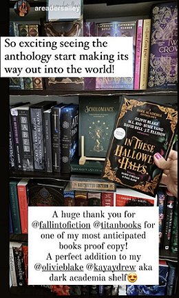 Screenshot: Bookshelves with a woman's hand holding a copy of In These Hallowed Halls, edited by Marie O'Regan and Paul Kane. Text reads So exciting seeing the anthology start making its way out into the world!