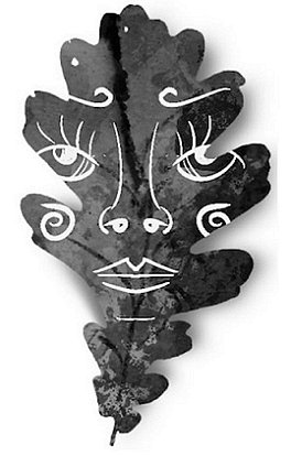 a black and white illustration from Heartwood, featuring a leaf with a face drawn on its surface