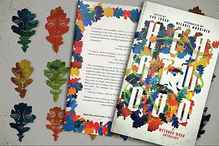 image showing the front and back covers of Heartwood, edited by Dan Coxon, alongside half a dozen multicoloured leaf illustrations featuring faces drawn on them