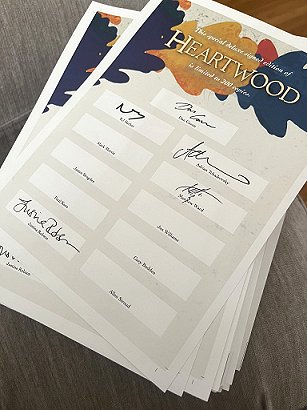 photograph of the signing sheets for Heartwood