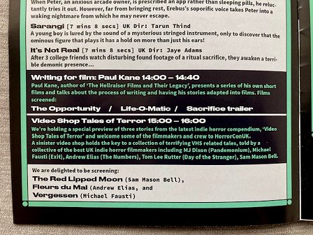 Programme showing Paul Kane's appearance at HorrorCon UK - Writing for Film, Paul Kane 14.00 - 14.40