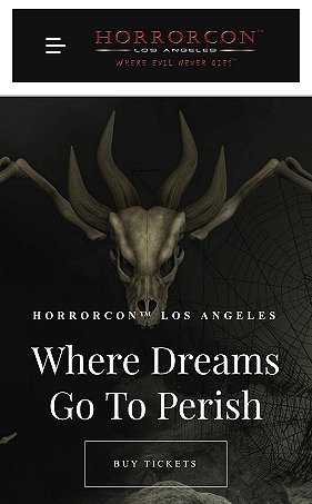 poster for HorrorCon Los Angeles - Where Dreams Go To Perish. Image on the poster is of a spider with a skull's head, on a black cobweb