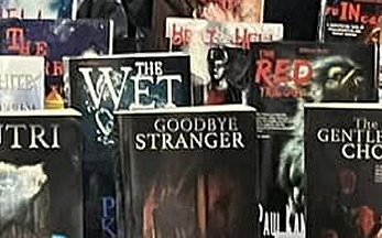 photograph of book display, including The Red Trilogy and The Wet by Paul Kane