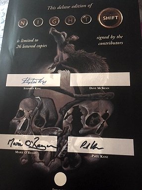 Nightshift signing sheets - signed by Stephen King, Marie O'Regan and Paul Kane