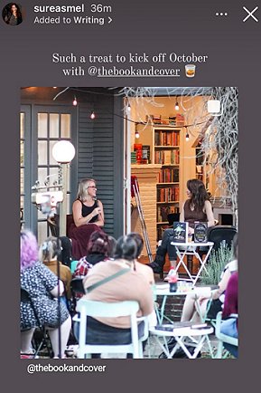 screenshot from @sureasmel showign M L Rio seated on-stage at a bookstore event, with a blonde woman holding a microphone