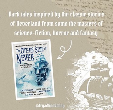 Poster showing a copy of The Other Side of Never, edited by Marie O'Regan and Paul Kane on a beige background with a drawing of a ship and the text: Dark tales inspired by the classic stories of Neverland from some of the masters of science-fiction, horror and fantasy
