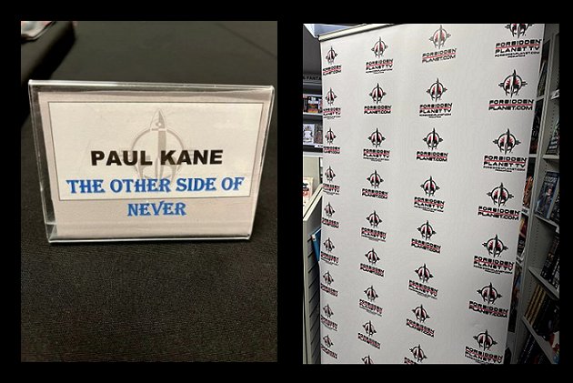 Name plate for The Other Side of Never signing - text Paul Kane The Other Side of Never, plus bannear featuring repeating pattern of Forbidden Planet Logo