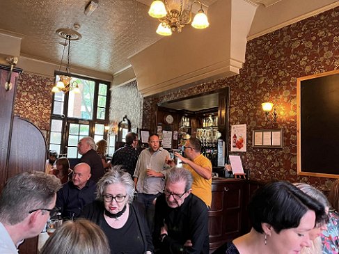 A crowded pub after the signing at FOrbidden Planet. With Cavan Scott, Anna Smith Spark, Barbie Wilde, Georg Kastannus, Lavie Tidhar