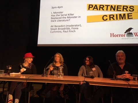 Partners in Crime event, I, Monster Panel. L to R: A.K. Benedict, Steph Broadribb, Fiona Cummins, Paul Finch