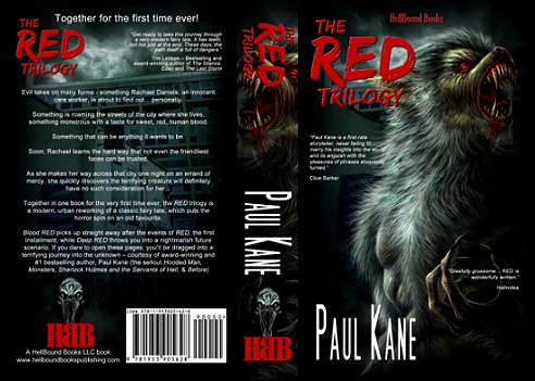 Wraparound book cover for THE RED TRILOGY by Paul Kane
