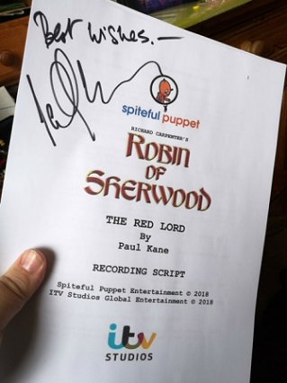 Copy of the script for The Red Lord by Paul Kane, signed by Ian Ogilvy